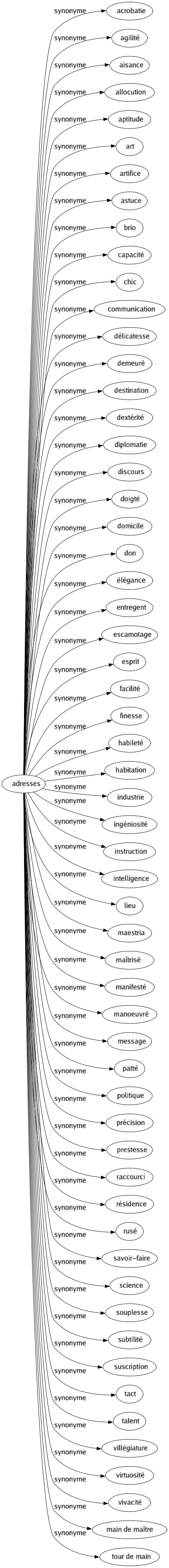 Synonyme de Adresses : Acrobatie Agilité Aisance Allocution Aptitude Art Artifice Astuce Brio Capacité Chic Communication Délicatesse Demeuré Destination Dextérité Diplomatie Discours Doigté Domicile Don Élégance Entregent Escamotage Esprit Facilité Finesse Habileté Habitation Industrie Ingéniosité Instruction Intelligence Lieu Maestria Maîtrisé Manifesté Manoeuvré Message Patté Politique Précision Prestesse Raccourci Résidence Rusé Savoir-faire Science Souplesse Subtilité Suscription Tact Talent Villégiature Virtuosité Vivacité Main de maître Tour de main 