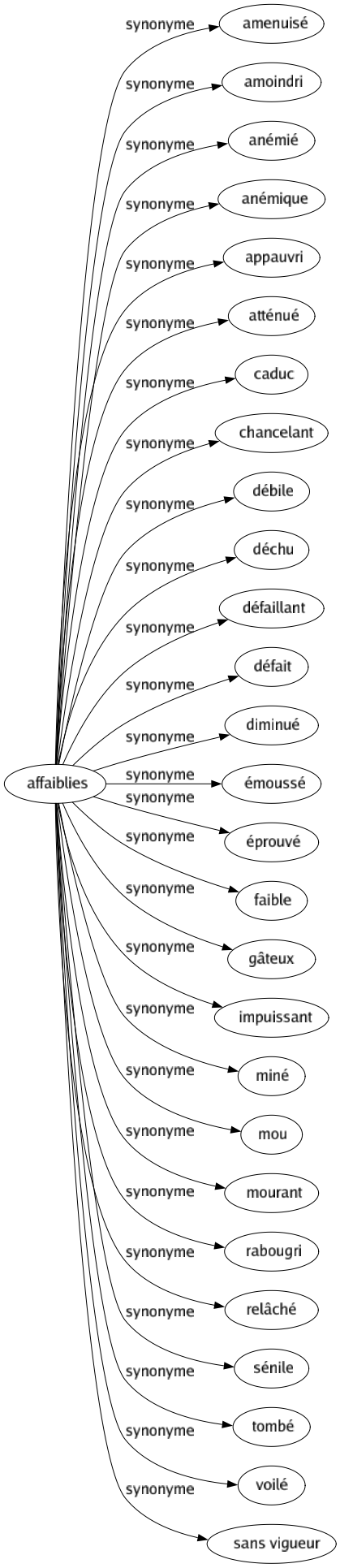Synonyme de Affaiblies : Amenuisé Amoindri Anémié Anémique Appauvri Atténué Caduc Chancelant Débile Déchu Défaillant Défait Diminué Émoussé Éprouvé Faible Gâteux Impuissant Miné Mou Mourant Rabougri Relâché Sénile Tombé Voilé Sans vigueur 