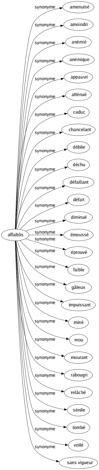 Synonyme de Affaiblis : Amenuisé Amoindri Anémié Anémique Appauvri Atténué Caduc Chancelant Débile Déchu Défaillant Défait Diminué Émoussé Éprouvé Faible Gâteux Impuissant Miné Mou Mourant Rabougri Relâché Sénile Tombé Voilé Sans vigueur 