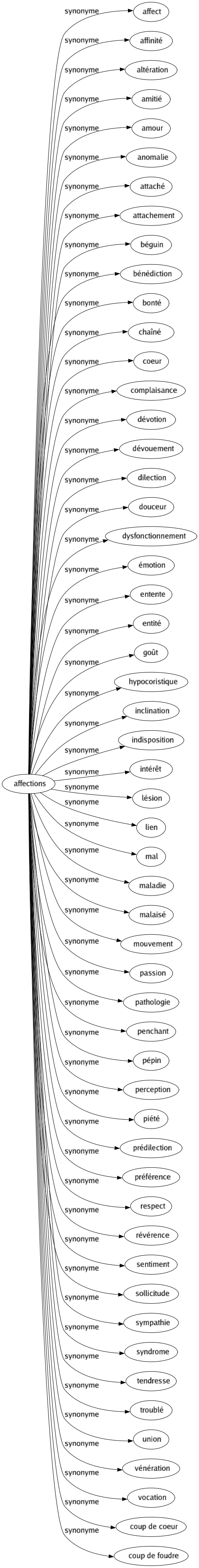 Synonyme de Affections : Affect Affinité Altération Amitié Amour Anomalie Attaché Attachement Béguin Bénédiction Bonté Chaîné Coeur Complaisance Dévotion Dévouement Dilection Douceur Dysfonctionnement Émotion Entente Entité Goût Hypocoristique Inclination Indisposition Intérêt Lésion Lien Mal Maladie Malaisé Mouvement Passion Pathologie Penchant Pépin Perception Piété Prédilection Préférence Respect Révérence Sentiment Sollicitude Sympathie Syndrome Tendresse Troublé Union Vénération Vocation Coup de coeur Coup de foudre 