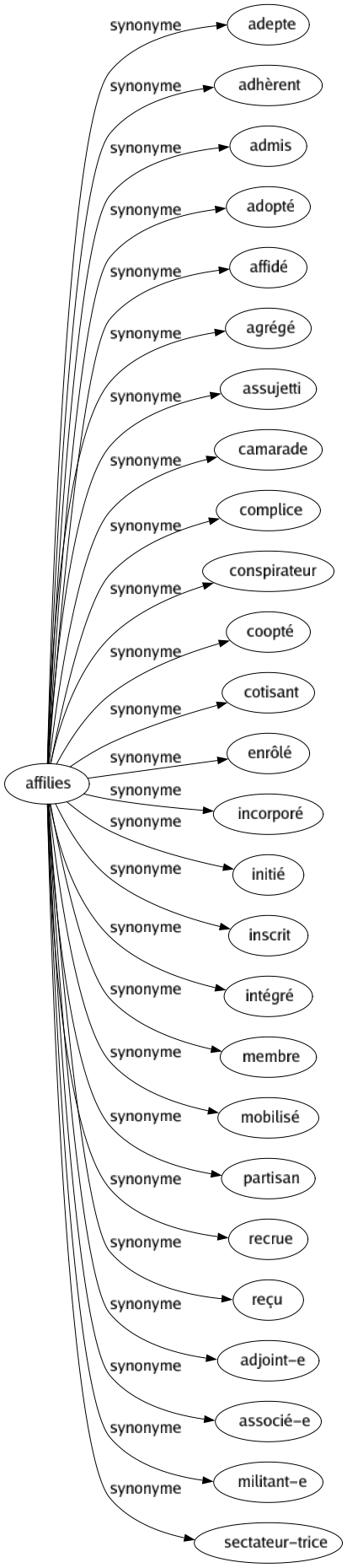 Synonyme de Affilies : Adepte Adhèrent Admis Adopté Affidé Agrégé Assujetti Camarade Complice Conspirateur Coopté Cotisant Enrôlé Incorporé Initié Inscrit Intégré Membre Mobilisé Partisan Recrue Reçu Adjoint-e Associé-e Militant-e Sectateur-trice 