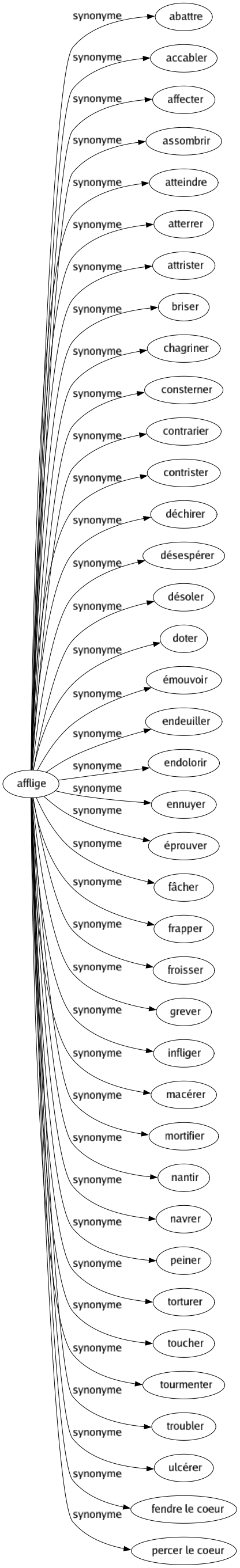 Synonyme de Afflige : Abattre Accabler Affecter Assombrir Atteindre Atterrer Attrister Briser Chagriner Consterner Contrarier Contrister Déchirer Désespérer Désoler Doter Émouvoir Endeuiller Endolorir Ennuyer Éprouver Fâcher Frapper Froisser Grever Infliger Macérer Mortifier Nantir Navrer Peiner Torturer Toucher Tourmenter Troubler Ulcérer Fendre le coeur Percer le coeur 