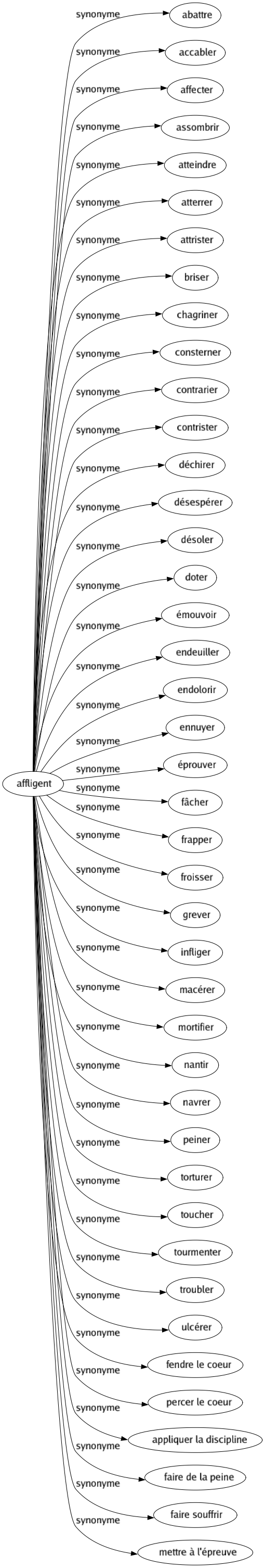 Synonyme de Affligent : Abattre Accabler Affecter Assombrir Atteindre Atterrer Attrister Briser Chagriner Consterner Contrarier Contrister Déchirer Désespérer Désoler Doter Émouvoir Endeuiller Endolorir Ennuyer Éprouver Fâcher Frapper Froisser Grever Infliger Macérer Mortifier Nantir Navrer Peiner Torturer Toucher Tourmenter Troubler Ulcérer Fendre le coeur Percer le coeur Appliquer la discipline Faire de la peine Faire souffrir Mettre à l'épreuve 