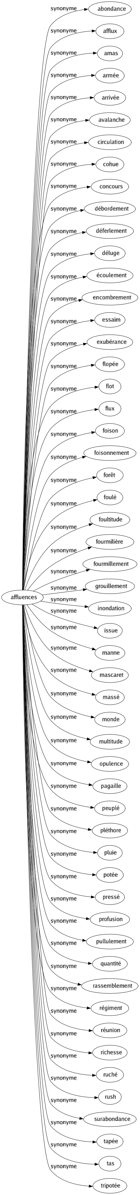 Synonyme de Affluences : Abondance Afflux Amas Armée Arrivée Avalanche Circulation Cohue Concours Débordement Déferlement Déluge Écoulement Encombrement Essaim Exubérance Flopée Flot Flux Foison Foisonnement Forêt Foulé Foultitude Fourmilière Fourmillement Grouillement Inondation Issue Manne Mascaret Massé Monde Multitude Opulence Pagaille Peuplé Pléthore Pluie Potée Pressé Profusion Pullulement Quantité Rassemblement Régiment Réunion Richesse Ruché Rush Surabondance Tapée Tas Tripotée 