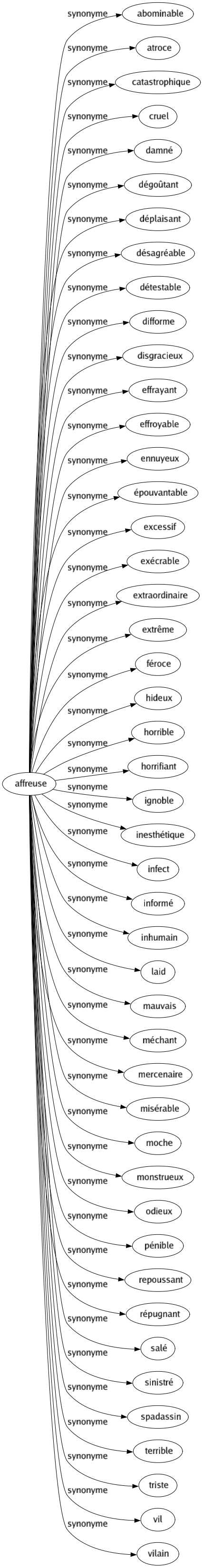 Synonyme de Affreuse : Abominable Atroce Catastrophique Cruel Damné Dégoûtant Déplaisant Désagréable Détestable Difforme Disgracieux Effrayant Effroyable Ennuyeux Épouvantable Excessif Exécrable Extraordinaire Extrême Féroce Hideux Horrible Horrifiant Ignoble Inesthétique Infect Informé Inhumain Laid Mauvais Méchant Mercenaire Misérable Moche Monstrueux Odieux Pénible Repoussant Répugnant Salé Sinistré Spadassin Terrible Triste Vil Vilain 