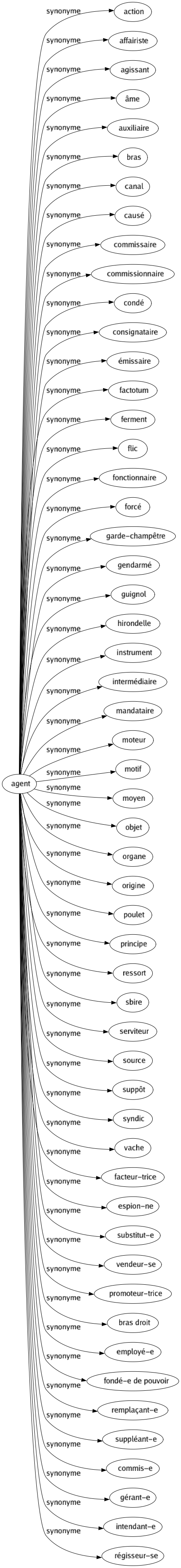 Synonyme de Agent : Action Affairiste Agissant Âme Auxiliaire Bras Canal Causé Commissaire Commissionnaire Condé Consignataire Émissaire Factotum Ferment Flic Fonctionnaire Forcé Garde-champêtre Gendarmé Guignol Hirondelle Instrument Intermédiaire Mandataire Moteur Motif Moyen Objet Organe Origine Poulet Principe Ressort Sbire Serviteur Source Suppôt Syndic Vache Facteur-trice Espion-ne Substitut-e Vendeur-se Promoteur-trice Bras droit Employé-e Fondé-e de pouvoir Remplaçant-e Suppléant-e Commis-e Gérant-e Intendant-e Régisseur-se 