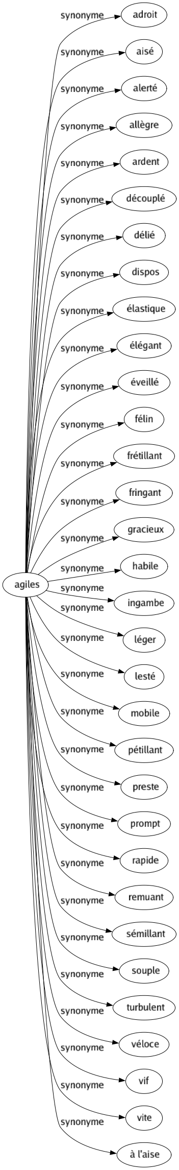 Synonyme de Agiles : Adroit Aisé Alerté Allègre Ardent Découplé Délié Dispos Élastique Élégant Éveillé Félin Frétillant Fringant Gracieux Habile Ingambe Léger Lesté Mobile Pétillant Preste Prompt Rapide Remuant Sémillant Souple Turbulent Véloce Vif Vite À l'aise 