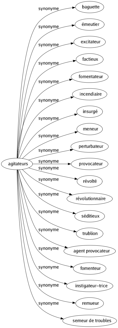 Synonyme de Agitateurs : Baguette Émeutier Excitateur Factieux Fomentateur Incendiaire Insurgé Meneur Perturbateur Provocateur Révolté Révolutionnaire Séditieux Trublion Agent provocateur Fomenteur Instigateur-trice Remueur Semeur de troubles 