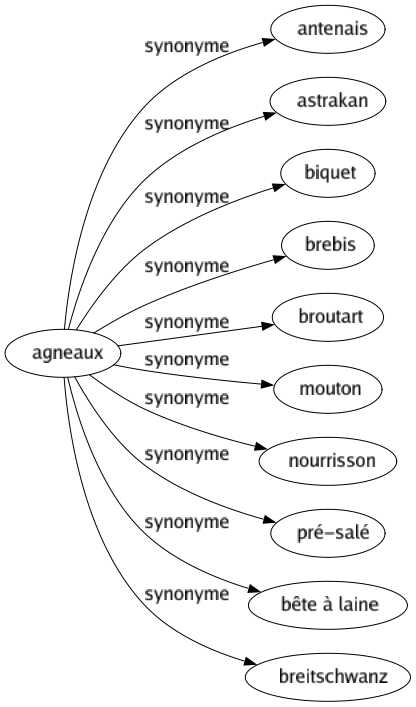 Synonyme de Agneaux : Antenais Astrakan Biquet Brebis Broutart Mouton Nourrisson Pré-salé Bête à laine Breitschwanz 