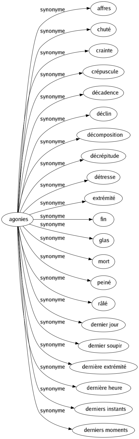 Synonyme de Agonies : Affres Chuté Crainte Crépuscule Décadence Déclin Décomposition Décrépitude Détresse Extrémité Fin Glas Mort Peiné Râlé Dernier jour Dernier soupir Dernière extrémité Dernière heure Derniers instants Derniers moments 