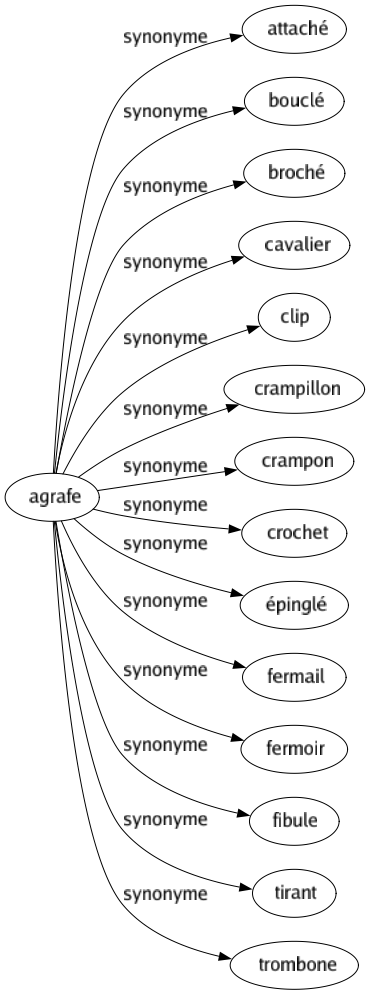 Synonyme de Agrafe : Attaché Bouclé Broché Cavalier Clip Crampillon Crampon Crochet Épinglé Fermail Fermoir Fibule Tirant Trombone 