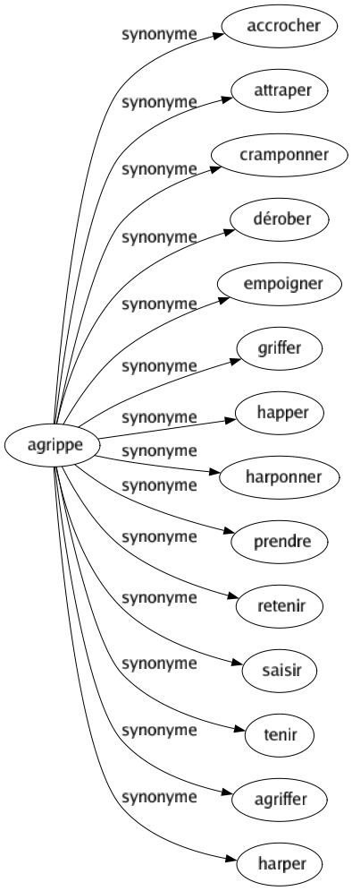 Synonyme de Agrippe : Accrocher Attraper Cramponner Dérober Empoigner Griffer Happer Harponner Prendre Retenir Saisir Tenir Agriffer Harper 