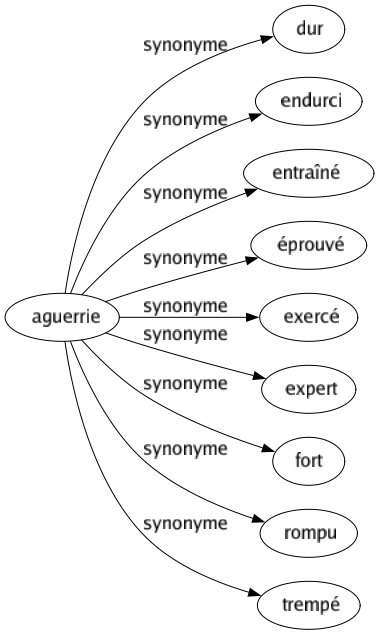 Synonyme de Aguerrie : Dur Endurci Entraîné Éprouvé Exercé Expert Fort Rompu Trempé 