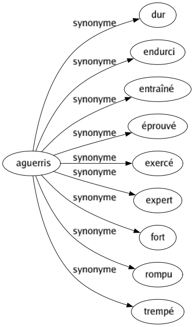 Synonyme de Aguerris : Dur Endurci Entraîné Éprouvé Exercé Expert Fort Rompu Trempé 