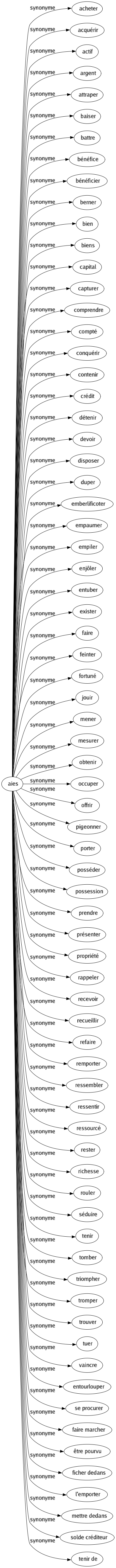 Synonyme de Aies : Acheter Acquérir Actif Argent Attraper Baiser Battre Bénéfice Bénéficier Berner Bien Biens Capital Capturer Comprendre Compté Conquérir Contenir Crédit Détenir Devoir Disposer Duper Emberlificoter Empaumer Empiler Enjôler Entuber Exister Faire Feinter Fortuné Jouir Mener Mesurer Obtenir Occuper Offrir Pigeonner Porter Posséder Possession Prendre Présenter Propriété Rappeler Recevoir Recueillir Refaire Remporter Ressembler Ressentir Ressourcé Rester Richesse Rouler Séduire Tenir Tomber Triompher Tromper Trouver Tuer Vaincre Entourlouper Se procurer Faire marcher Être pourvu Ficher dedans L'emporter Mettre dedans Solde créditeur Tenir de 