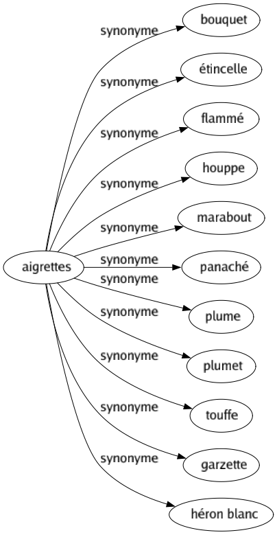 Synonyme de Aigrettes : Bouquet Étincelle Flammé Houppe Marabout Panaché Plume Plumet Touffe Garzette Héron blanc 