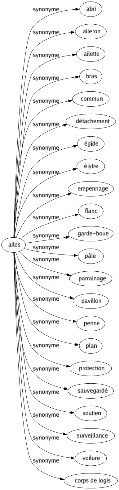 Synonyme de Ailes : Abri Aileron Ailette Bras Commun Détachement Égide Élytre Empennage Flanc Garde-boue Pâle Parrainage Pavillon Penne Plan Protection Sauvegardé Soutien Surveillance Voilure Corps de logis 