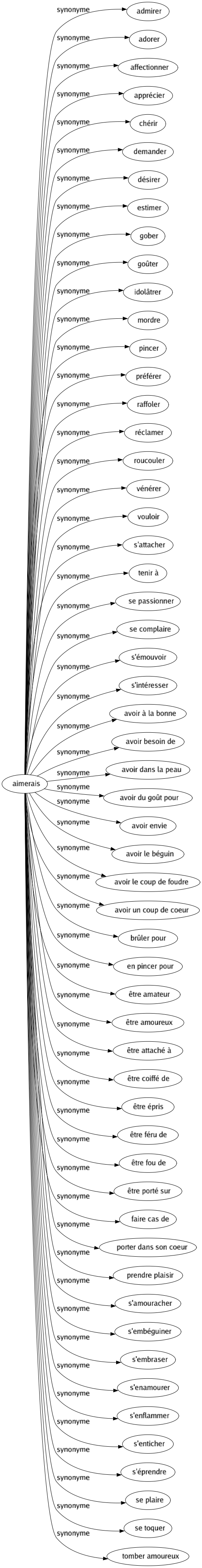 Synonyme de Aimerais : Admirer Adorer Affectionner Apprécier Chérir Demander Désirer Estimer Gober Goûter Idolâtrer Mordre Pincer Préférer Raffoler Réclamer Roucouler Vénérer Vouloir S'attacher Tenir à Se passionner Se complaire S'émouvoir S'intéresser Avoir à la bonne Avoir besoin de Avoir dans la peau Avoir du goût pour Avoir envie Avoir le béguin Avoir le coup de foudre Avoir un coup de coeur Brûler pour En pincer pour Être amateur Être amoureux Être attaché à Être coiffé de Être épris Être féru de Être fou de Être porté sur Faire cas de Porter dans son coeur Prendre plaisir S'amouracher S'embéguiner S'embraser S'enamourer S'enflammer S'enticher S'éprendre Se plaire Se toquer Tomber amoureux 