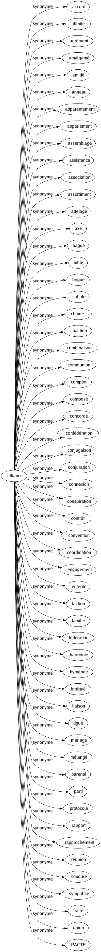 Synonyme de Alliance : Accord Affinité Agrément Amalgamé Amitié Anneau Apparentement Appariement Assemblage Assistance Association Assortiment Attelage Axé Bagué Bible Brigué Cabale Chaîné Coalition Combinaison Communion Complot Composé Concordé Confédération Conjugaison Conjuration Connexion Conspiration Contrât Convention Coordination Engagement Entente Faction Famille Fédération Harmonie Hyménée Intrigué Liaison Ligué Mariage Mélangé Parenté Parti Protocole Rapport Rapprochement Réunion Soudure Sympathie Traité Union Pacte 