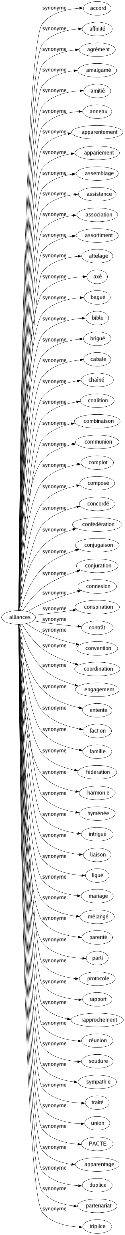 Synonyme de Alliances : Accord Affinité Agrément Amalgamé Amitié Anneau Apparentement Appariement Assemblage Assistance Association Assortiment Attelage Axé Bagué Bible Brigué Cabale Chaîné Coalition Combinaison Communion Complot Composé Concordé Confédération Conjugaison Conjuration Connexion Conspiration Contrât Convention Coordination Engagement Entente Faction Famille Fédération Harmonie Hyménée Intrigué Liaison Ligué Mariage Mélangé Parenté Parti Protocole Rapport Rapprochement Réunion Soudure Sympathie Traité Union Pacte Apparentage Duplice Partenariat Triplice 