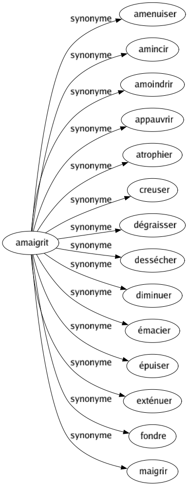 Synonyme de Amaigrit : Amenuiser Amincir Amoindrir Appauvrir Atrophier Creuser Dégraisser Dessécher Diminuer Émacier Épuiser Exténuer Fondre Maigrir 