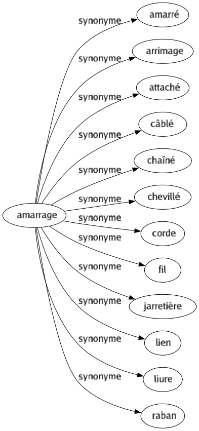 Synonyme de Amarrage : Amarré Arrimage Attaché Câblé Chaîné Chevillé Corde Fil Jarretière Lien Liure Raban 