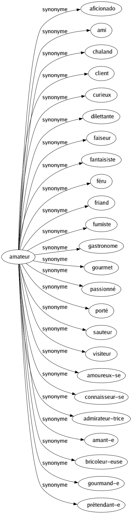 Synonyme de Amateur : Aficionado Ami Chaland Client Curieux Dilettante Faiseur Fantaisiste Féru Friand Fumiste Gastronome Gourmet Passionné Porté Sauteur Visiteur Amoureux-se Connaisseur-se Admirateur-trice Amant-e Bricoleur-euse Gourmand-e Prétendant-e 