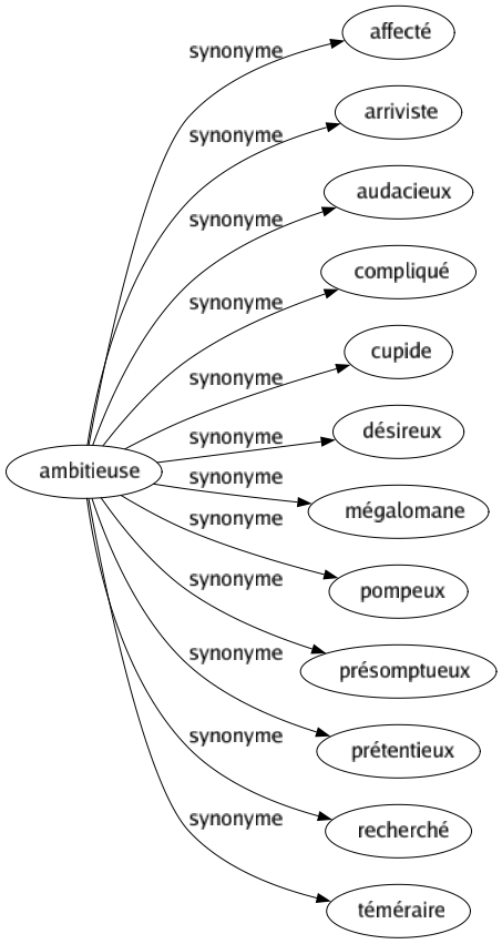 Synonyme de Ambitieuse : Affecté Arriviste Audacieux Compliqué Cupide Désireux Mégalomane Pompeux Présomptueux Prétentieux Recherché Téméraire 