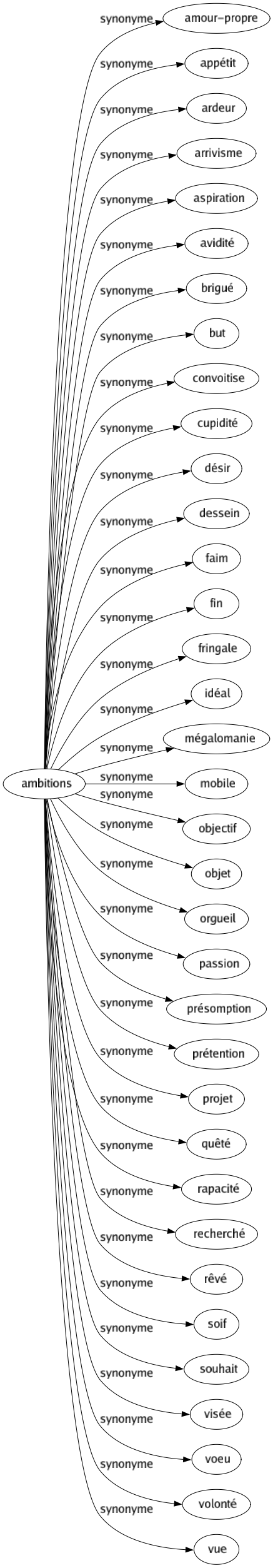 Synonyme de Ambitions : Amour-propre Appétit Ardeur Arrivisme Aspiration Avidité Brigué But Convoitise Cupidité Désir Dessein Faim Fin Fringale Idéal Mégalomanie Mobile Objectif Objet Orgueil Passion Présomption Prétention Projet Quêté Rapacité Recherché Rêvé Soif Souhait Visée Voeu Volonté Vue 