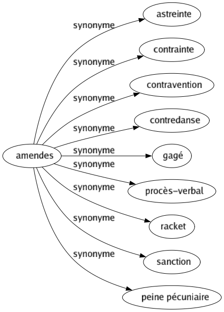 Synonyme de Amendes : Astreinte Contrainte Contravention Contredanse Gagé Procès-verbal Racket Sanction Peine pécuniaire 