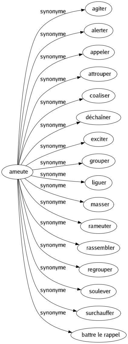 Synonyme de Ameute : Agiter Alerter Appeler Attrouper Coaliser Déchaîner Exciter Grouper Liguer Masser Rameuter Rassembler Regrouper Soulever Surchauffer Battre le rappel 