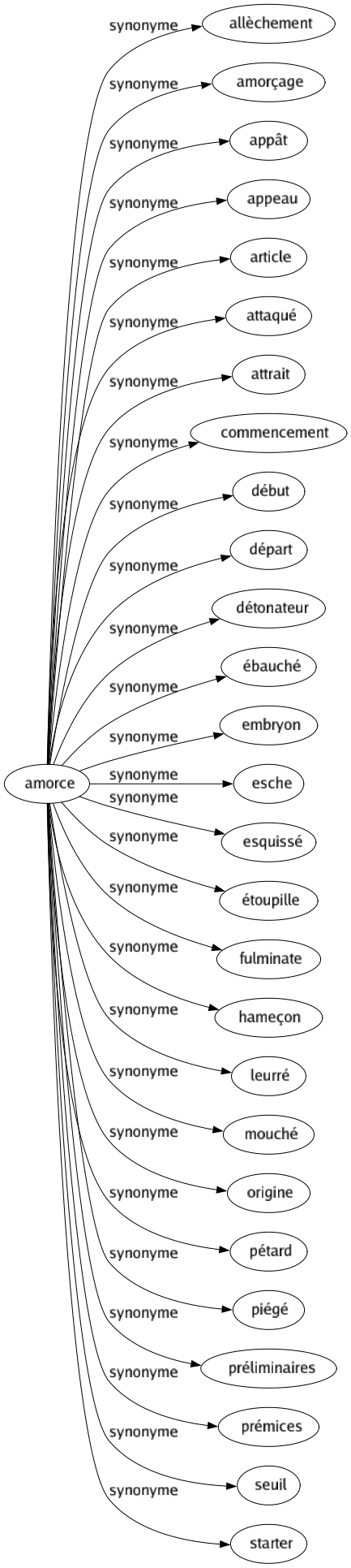 Synonyme de Amorce : Allèchement Amorçage Appât Appeau Article Attaqué Attrait Commencement Début Départ Détonateur Ébauché Embryon Esche Esquissé Étoupille Fulminate Hameçon Leurré Mouché Origine Pétard Piégé Préliminaires Prémices Seuil Starter 