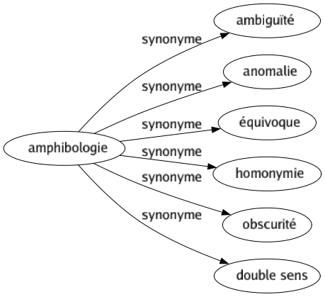 Synonyme de Amphibologie : Ambiguïté Anomalie Équivoque Homonymie Obscurité Double sens 