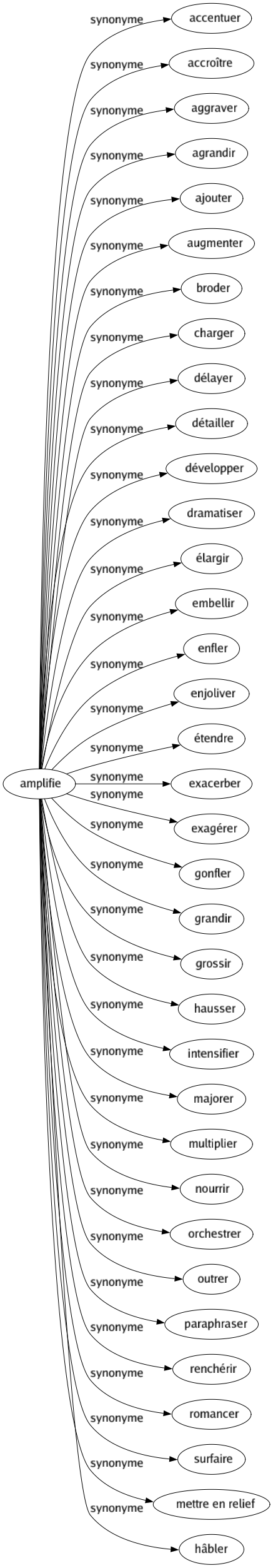 Synonyme de Amplifie : Accentuer Accroître Aggraver Agrandir Ajouter Augmenter Broder Charger Délayer Détailler Développer Dramatiser Élargir Embellir Enfler Enjoliver Étendre Exacerber Exagérer Gonfler Grandir Grossir Hausser Intensifier Majorer Multiplier Nourrir Orchestrer Outrer Paraphraser Renchérir Romancer Surfaire Mettre en relief Hâbler 