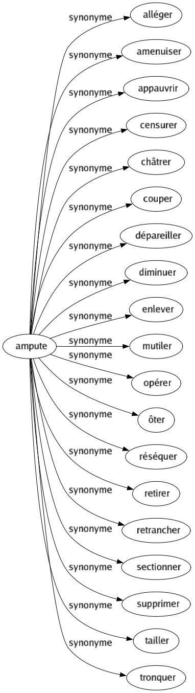 Synonyme de Ampute : Alléger Amenuiser Appauvrir Censurer Châtrer Couper Dépareiller Diminuer Enlever Mutiler Opérer Ôter Réséquer Retirer Retrancher Sectionner Supprimer Tailler Tronquer 