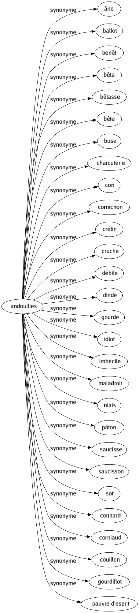 Synonyme de Andouilles : Âne Ballot Benêt Bêta Bêtasse Bête Buse Charcuterie Con Cornichon Crétin Cruche Débile Dinde Gourde Idiot Imbécile Maladroit Niais Pâton Saucisse Saucisson Sot Connard Corniaud Couillon Gourdiflot Pauvre d'esprit 