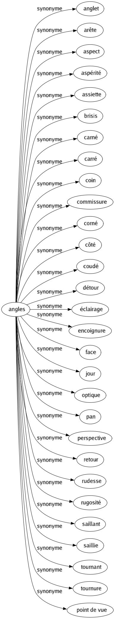 Synonyme de Angles : Anglet Arête Aspect Aspérité Assiette Brisis Carné Carré Coin Commissure Corné Côté Coudé Détour Éclairage Encoignure Face Jour Optique Pan Perspective Retour Rudesse Rugosité Saillant Saillie Tournant Tournure Point de vue 