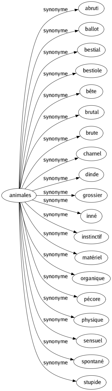 Synonyme de Animales : Abruti Ballot Bestial Bestiole Bête Brutal Brute Charnel Dinde Grossier Inné Instinctif Matériel Organique Pécore Physique Sensuel Spontané Stupide 