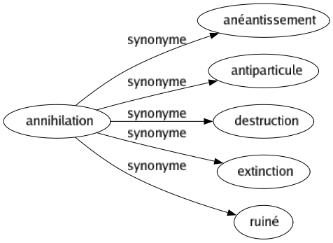 Synonyme de Annihilation : Anéantissement Antiparticule Destruction Extinction Ruiné 