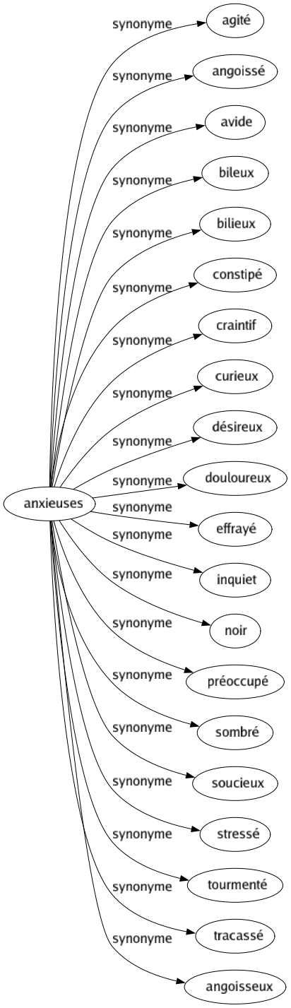 Synonyme de Anxieuses : Agité Angoissé Avide Bileux Bilieux Constipé Craintif Curieux Désireux Douloureux Effrayé Inquiet Noir Préoccupé Sombré Soucieux Stressé Tourmenté Tracassé Angoisseux 