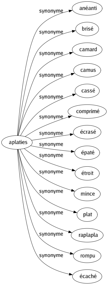 Synonyme de Aplaties : Anéanti Brisé Camard Camus Cassé Comprimé Écrasé Épaté Étroit Mince Plat Raplapla Rompu Écaché 