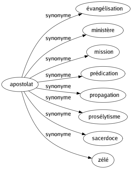 Synonyme de Apostolat : Évangélisation Ministère Mission Prédication Propagation Prosélytisme Sacerdoce Zélé 