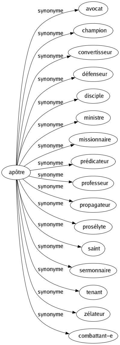 Synonyme de Apôtre : Avocat Champion Convertisseur Défenseur Disciple Ministre Missionnaire Prédicateur Professeur Propagateur Prosélyte Saint Sermonnaire Tenant Zélateur Combattant-e 