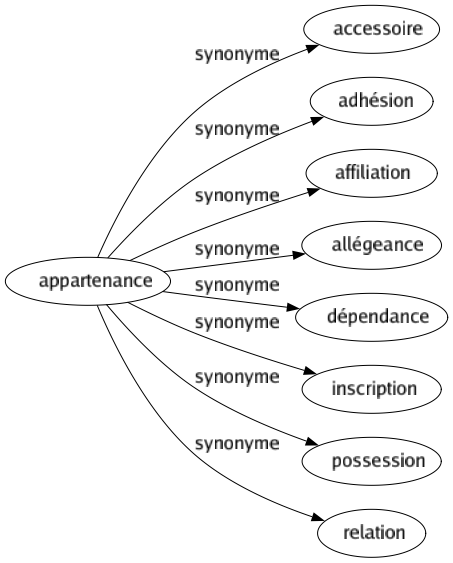 Synonyme de Appartenance : Accessoire Adhésion Affiliation Allégeance Dépendance Inscription Possession Relation 