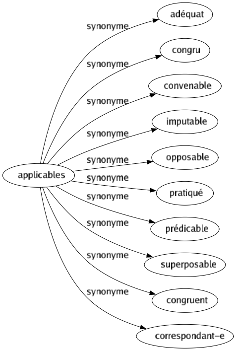 Synonyme de Applicables : Adéquat Congru Convenable Imputable Opposable Pratiqué Prédicable Superposable Congruent Correspondant-e 