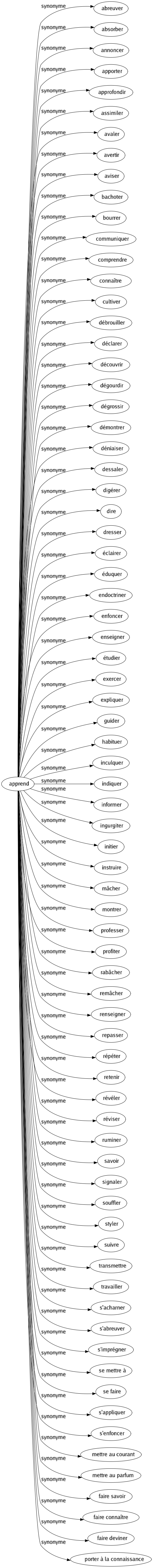 Synonyme de Apprend : Abreuver Absorber Annoncer Apporter Approfondir Assimiler Avaler Avertir Aviser Bachoter Bourrer Communiquer Comprendre Connaître Cultiver Débrouiller Déclarer Découvrir Dégourdir Dégrossir Démontrer Déniaiser Dessaler Digérer Dire Dresser Éclairer Éduquer Endoctriner Enfoncer Enseigner Étudier Exercer Expliquer Guider Habituer Inculquer Indiquer Informer Ingurgiter Initier Instruire Mâcher Montrer Professer Profiter Rabâcher Remâcher Renseigner Repasser Répéter Retenir Révéler Réviser Ruminer Savoir Signaler Souffler Styler Suivre Transmettre Travailler S'acharner S'abreuver S'imprégner Se mettre à Se faire S'appliquer S'enfoncer Mettre au courant Mettre au parfum Faire savoir Faire connaître Faire deviner Porter à la connaissance 