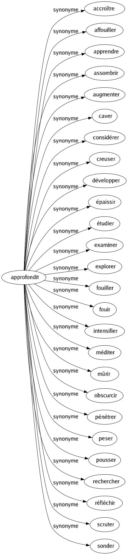 Synonyme de Approfondit : Accroître Affouiller Apprendre Assombrir Augmenter Caver Considérer Creuser Développer Épaissir Étudier Examiner Explorer Fouiller Fouir Intensifier Méditer Mûrir Obscurcir Pénétrer Peser Pousser Rechercher Réfléchir Scruter Sonder 