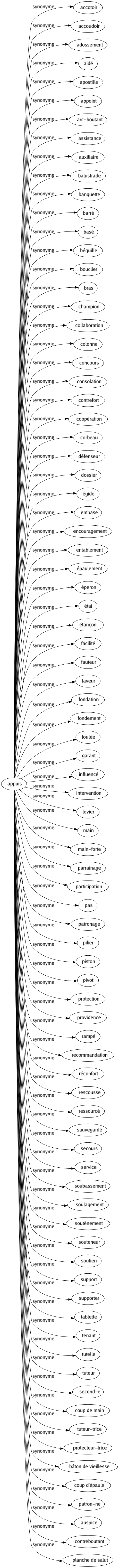 Synonyme de Appuis : Accotoir Accoudoir Adossement Aidé Apostille Appoint Arc-boutant Assistance Auxiliaire Balustrade Banquette Barré Basé Béquille Bouclier Bras Champion Collaboration Colonne Concours Consolation Contrefort Coopération Corbeau Défenseur Dossier Égide Embase Encouragement Entablement Épaulement Éperon Étai Étançon Facilité Fauteur Faveur Fondation Fondement Foulée Garant Influencé Intervention Levier Main Main-forte Parrainage Participation Pas Patronage Pilier Piston Pivot Protection Providence Rampé Recommandation Réconfort Rescousse Ressourcé Sauvegardé Secours Service Soubassement Soulagement Soutènement Souteneur Soutien Support Supporter Tablette Tenant Tutelle Tuteur Second-e Coup de main Tuteur-trice Protecteur-trice Bâton de vieillesse Coup d'épaule Patron-ne Auspice Contreboutant Planche de salut 