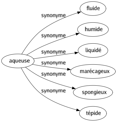 Synonyme de Aqueuse : Fluide Humide Liquidé Marécageux Spongieux Tépide 