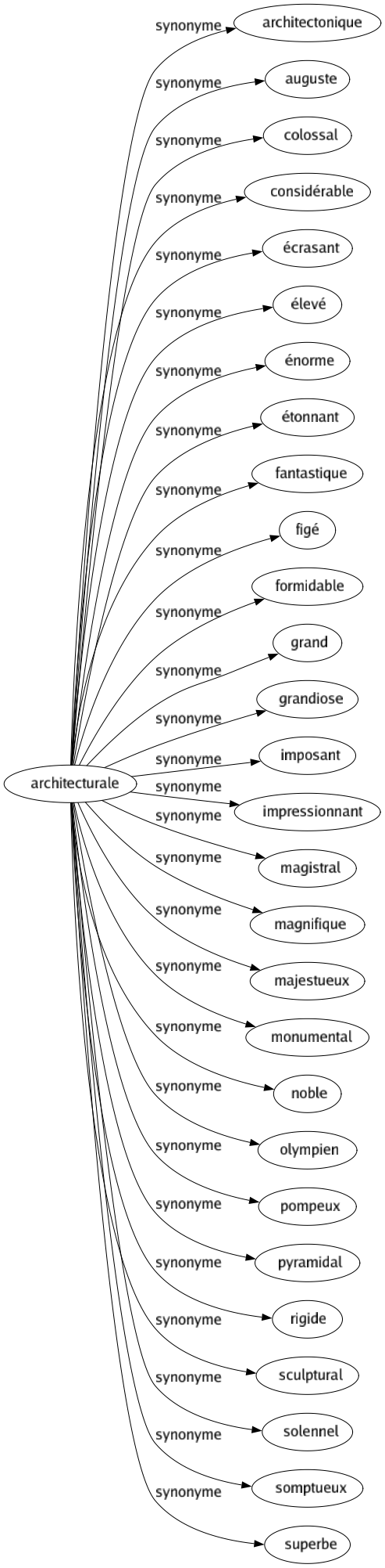 Synonyme de Architecturale : Architectonique Auguste Colossal Considérable Écrasant Élevé Énorme Étonnant Fantastique Figé Formidable Grand Grandiose Imposant Impressionnant Magistral Magnifique Majestueux Monumental Noble Olympien Pompeux Pyramidal Rigide Sculptural Solennel Somptueux Superbe 